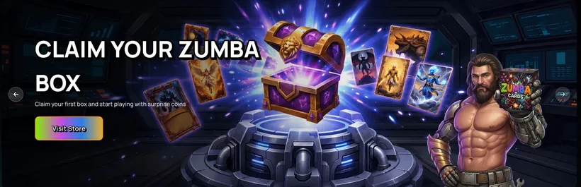 ZumbaCards home banner with a glowing treasure chest, fantasy battle cards and a Visit Store button