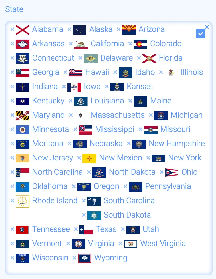 The ZumbaCards state picker listing 48 state flags from Alabama to Wyoming